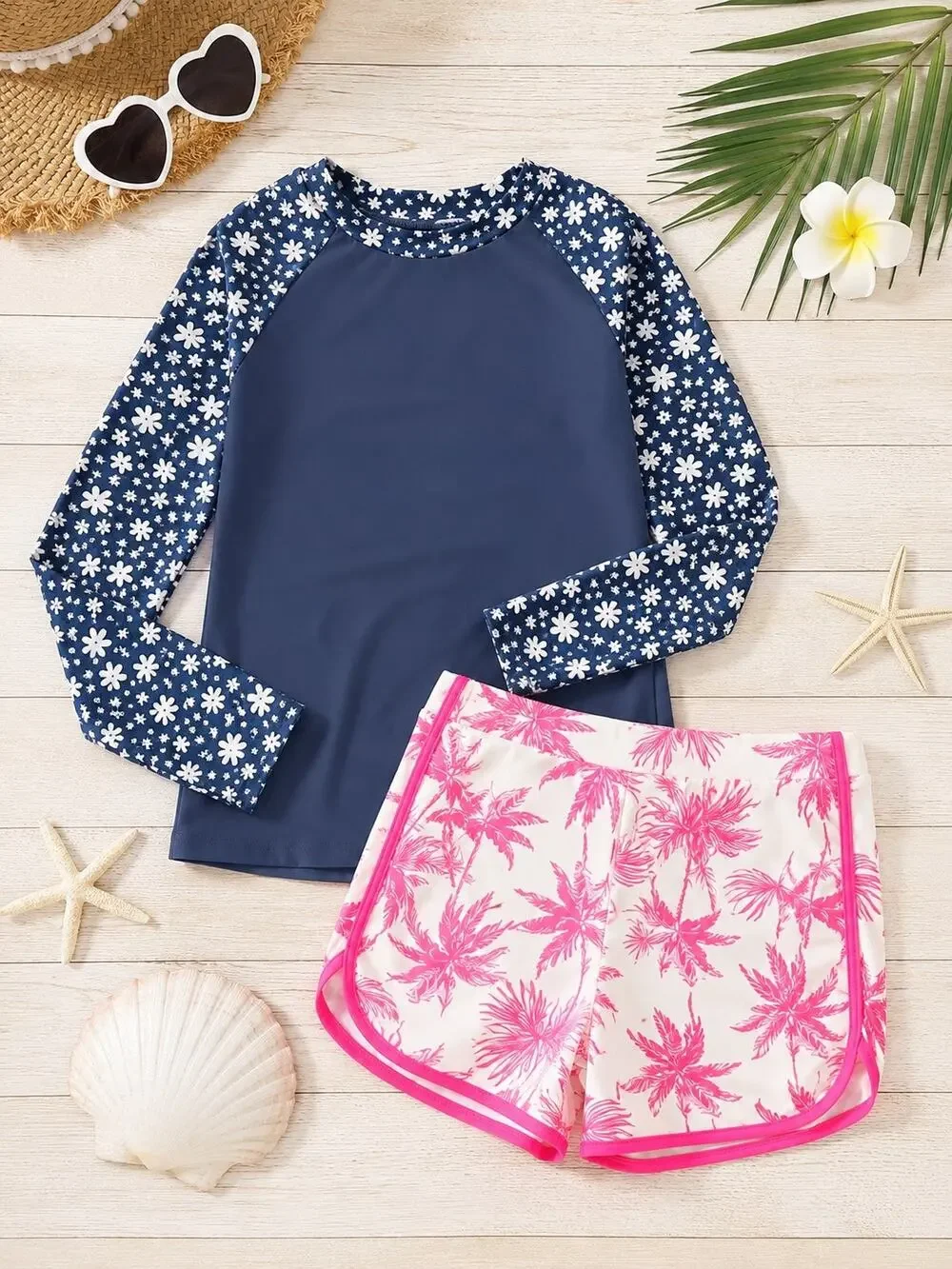 Girls Rash Guard Swimsuit Set 13-14Y Navy Floral Long Sleeve Pink Palm Shorts